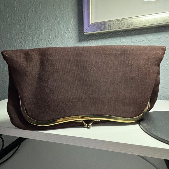 Handbags - VINTAGE 1930s 1940s Brown Art Deco Kiss Lock Clutch with Attached Coin Purse